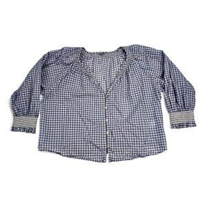 Rails Gingham Button-Front Blouse Smocked Cuffs Sz M